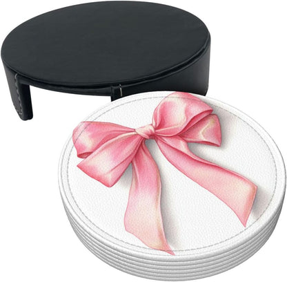 Watercolor Light Pastel Pink Ribbon Bow Premium Leather Coasters, Set of 6 with Holder, Stylish Beverage Coasters for Kitchen Coffee Bar