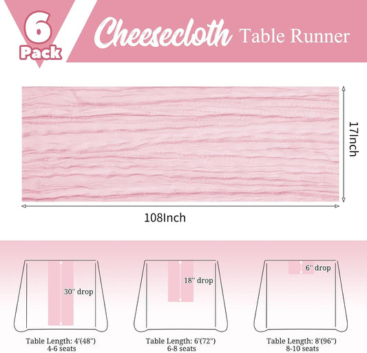 6 Pack Pink Table Runner 17 x 108inch Cheesecloth Table Runner Boho Gauze Table Runners Rustic Sheer Fabric Cheese Cloth Table Runners for Wedding Party Bridal Baby Shower Table Decor(Light Pink)