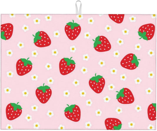 Strawberry Dish Drying Mat for Kitchen Counter Microfiber Absorbent Cute Pink Floral Fruits Kitchen Decor Draining Mat Extra Large Washable Dish Drainer Rack Mats Coffee Bar Accessories18"x24"