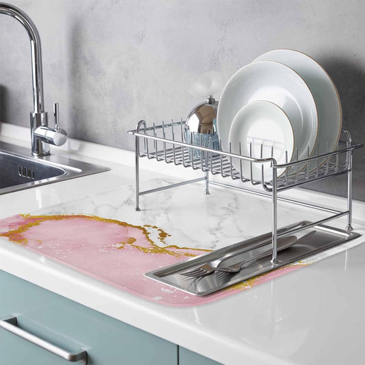 Dish Drying Mat for Kitchen Counter, Modern White Pink Marble Texture Absorbent Dish Mats Foldable Microfiber Drainer Pad 1PCS 18"x16", Classic Stone Artwork Plate Holder Mat for Countertop Sink