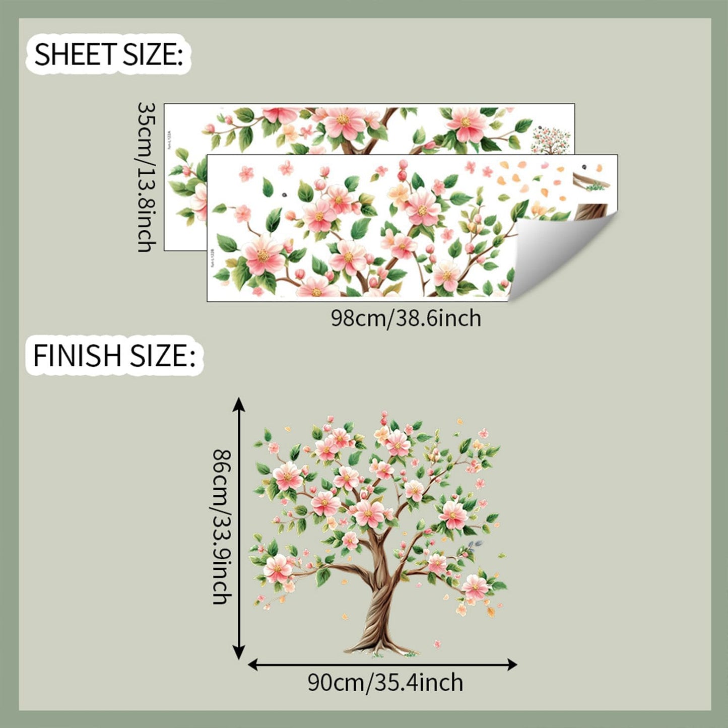 Peach Tree Wall Decals Removable Pink Peach Blossom Leaves Wall Stickers Peel and Stick Vinyl Waterproof Wall Decor for Bedroom Living Room Bathroom Nursery Classroom Decorations