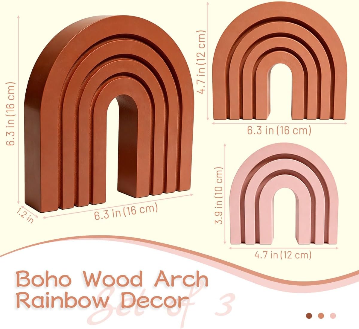 Set of 3 Pink Boho Shelf Decor Wood Arch, Modern Wooden Rainbow Arch Shelf Table Mantel Bookends for Living Room Office Nursery Aesthetic Home Decor