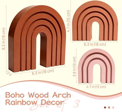 Set of 3 Pink Boho Shelf Decor Wood Arch, Modern Wooden Rainbow Arch Shelf Table Mantel Bookends for Living Room Office Nursery Aesthetic Home Decor