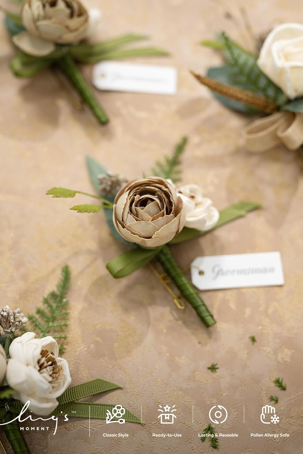 Ling's moment Boutonniere for Men, 2pcs Groom Groomsmen Guest Boutonniere, Artificial Flowers for Wedding/Prom/Homecoming, etc.Soft Peach Brown