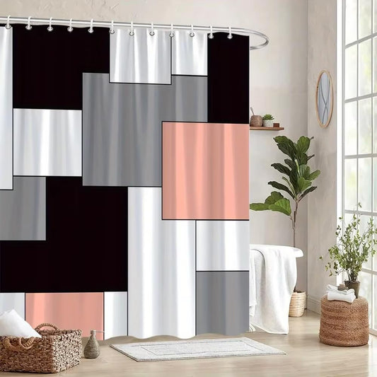 Modern Geometric Abstract Squares Shower Curtain - Black, White, Gray & Peach, Machine Washable, Contemporary Bath Decor 42x81in/107x205cm(WxH)