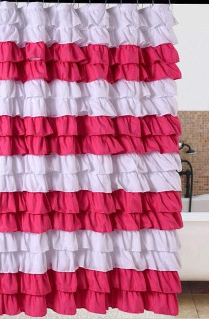 Waterfall Ruffled Fabric Shower Curtainsize 72 x 72 inch (Strip White/Pink)