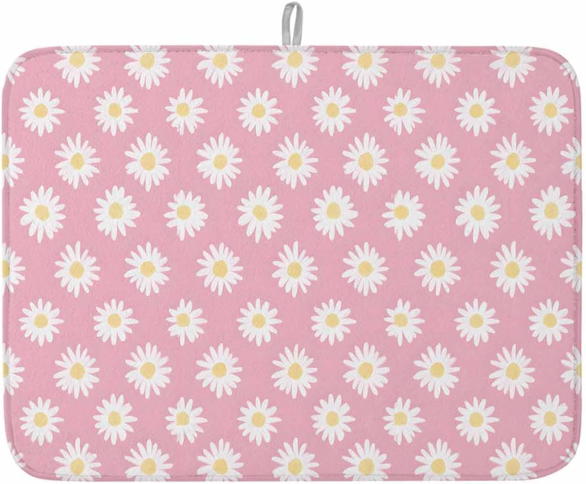 White Daisy Floral Drying Mats for Kitchen Counter, Light Pink Microfiber Absorbent Dish Drainer/Rack Mat,Reversible Hangding Quick Drying kitchen Decor,18x24 Machine Washable