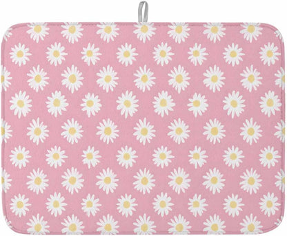 White Daisy Floral Drying Mats for Kitchen Counter, Light Pink Microfiber Absorbent Dish Drainer/Rack Mat,Reversible Hangding Quick Drying kitchen Decor,18x24 Machine Washable