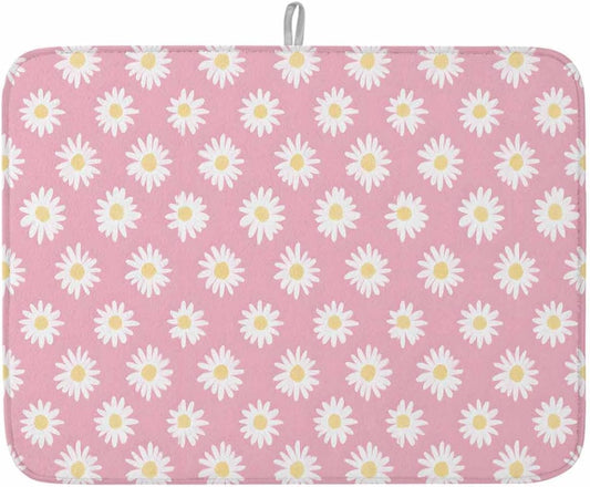 White Daisy Floral Drying Mats for Kitchen Counter, Light Pink Microfiber Absorbent Dish Drainer/Rack Mat,Reversible Hangding Quick Drying kitchen Decor,18x24 Machine Washable