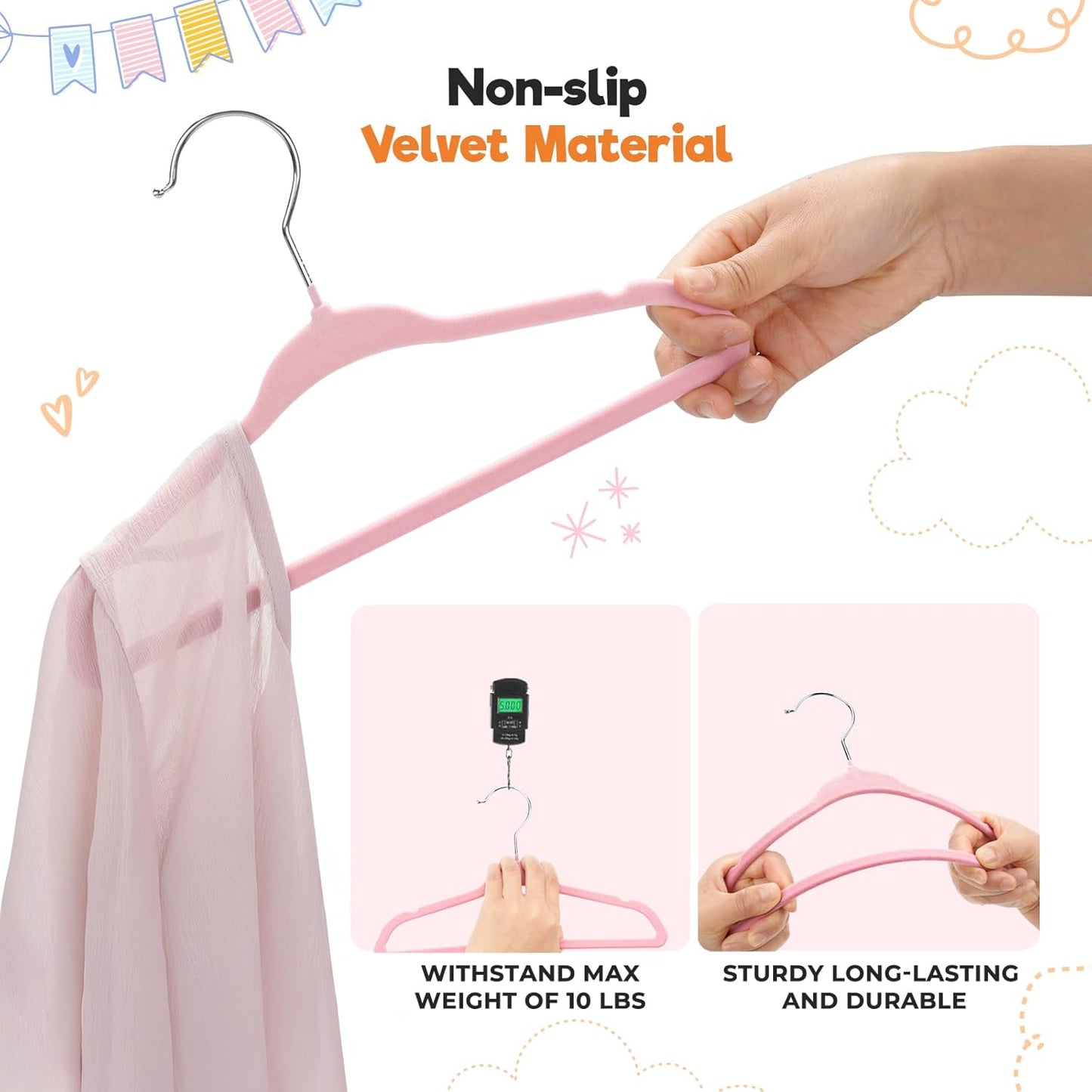 Babyrish Velvet Baby Hangers with Clips (30 Pack) | 11” Ultra-Slim Baby Clothes Hangers | Non-Slip Felt | Space-Saving Nursery & Infant Closet Organizer | Pink