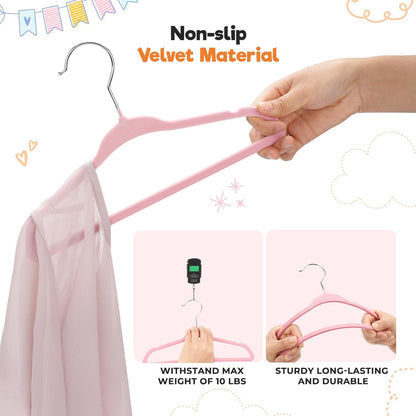 Babyrish Velvet Baby Hangers with Clips (30 Pack) | 11” Ultra-Slim Baby Clothes Hangers | Non-Slip Felt | Space-Saving Nursery & Infant Closet Organizer | Pink