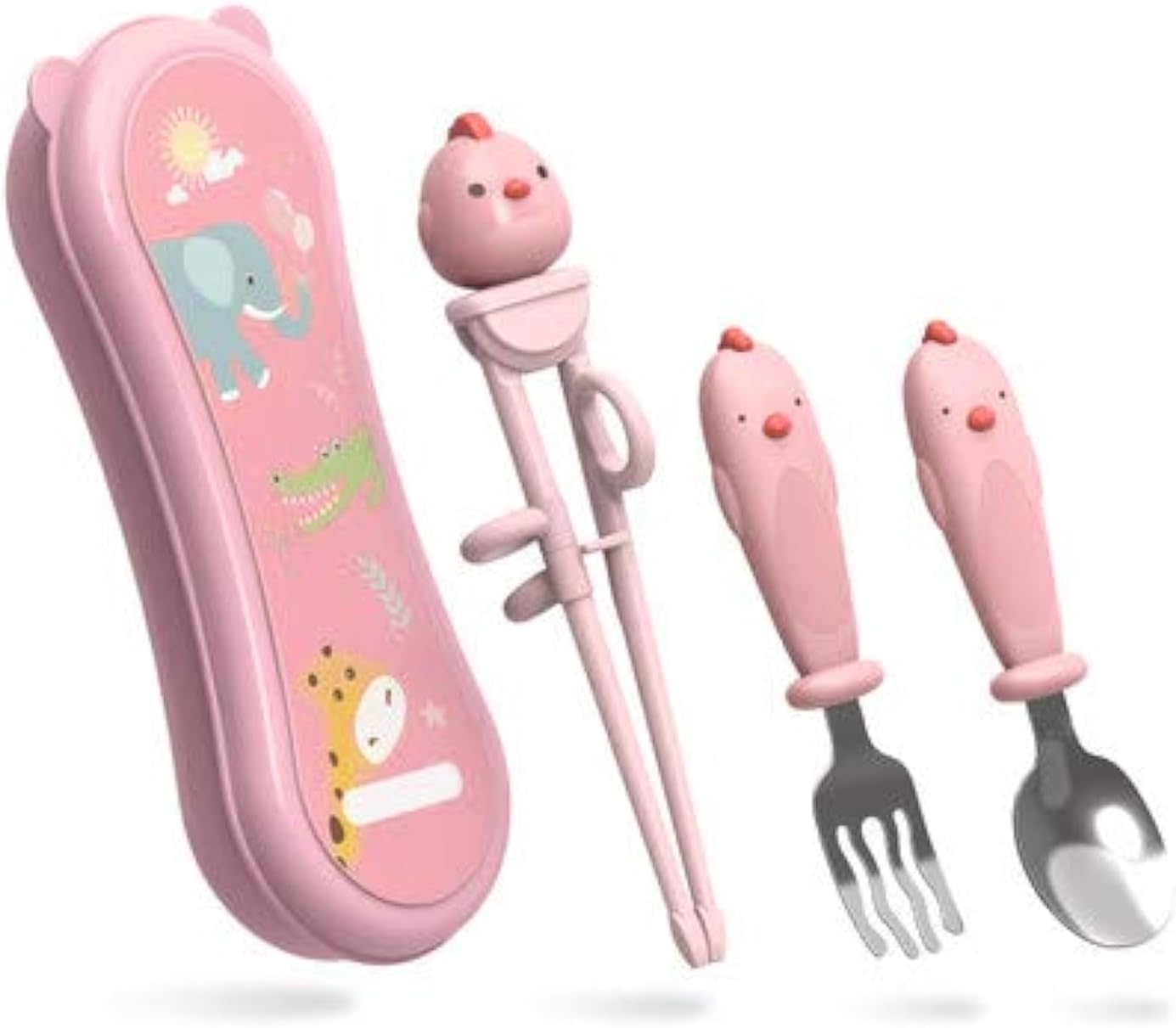 Training Chopsticks Set for Kids and Beginners,Chopstick Spoon Fork and Case Set,Reusable Learning Chopsticks with Attachable Learning Chopstick Helper - Right Handed Only Stainless Steel Pink