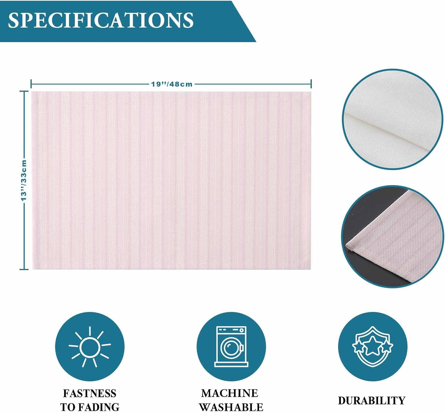 Blush Pink Line Striped Placemats Set of 6, Farmhouse Pink Stripes Placemats for Dining Table, Place Mats for Kitchen Tabletop, Waterproof Wipeable Dining Table Mats Set
