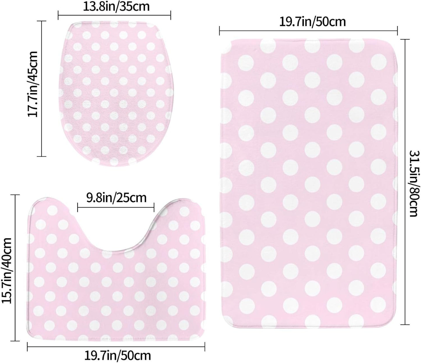 Light Pink Polka Dot Print A Bathroom Rugs Sets 3 Piece - Absorbent Non Slip Washable Bath Mats, U-Shape Toilet Lid Cover, Contour Mat, Soft Shower Mats Bath Rug Mat for Bathroom Toilet Tub