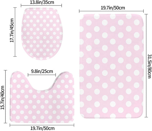 Light Pink Polka Dot Print A Bathroom Rugs Sets 3 Piece - Absorbent Non Slip Washable Bath Mats, U-Shape Toilet Lid Cover, Contour Mat, Soft Shower Mats Bath Rug Mat for Bathroom Toilet Tub