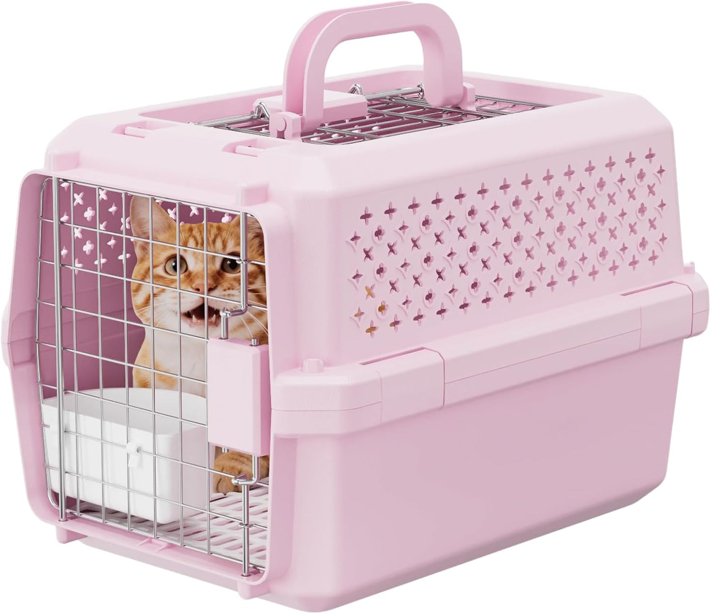 RIZZARI Small Hard Sided Pet Carrier, Ventilated Plastic Travel Crate with Metal Door and Top Handle for Small Dogs and Cats, Pink Small, Ideal for Car Travel Vet Visits and Daily Use