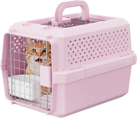 RIZZARI Small Hard Sided Pet Carrier, Ventilated Plastic Travel Crate with Metal Door and Top Handle for Small Dogs and Cats, Pink Small, Ideal for Car Travel Vet Visits and Daily Use