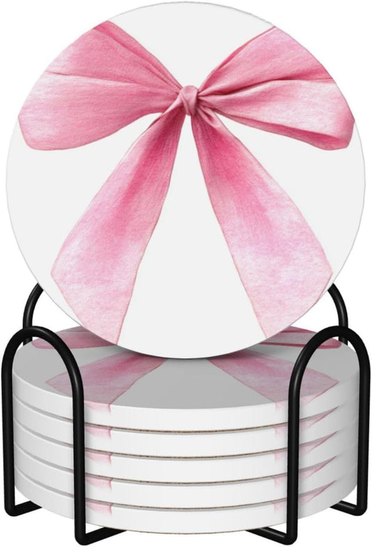 Watercolor Light Pink Coquette Bow Ceramic Coasters with Holder Set of 6 Coffee Cup Drink Coasters