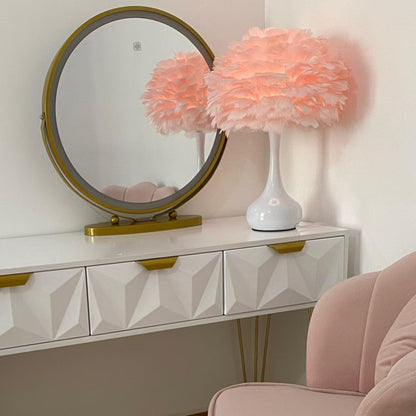 Elegant White Feather Table Lamp Bedside Lamp with Touch Switch Feather Table Light Desk Feather Lampshade for Bedroom, Home Decoration, Pink