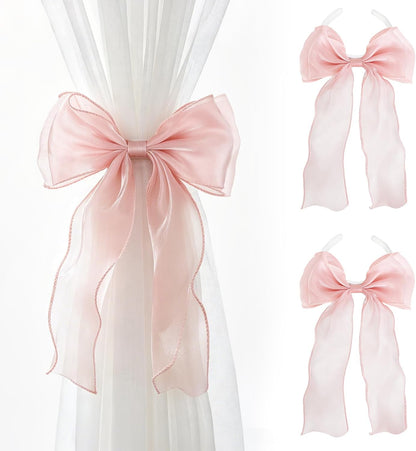 Dahey 2Pcs Bow Curtain Tiebacks Pink Ribbon Curtain Holdbacks with Bendable Metal Core Decorative Tie Backs Accessories for Curtains, Girls Bedroom Home Living Room Wedding Party Offices Decor