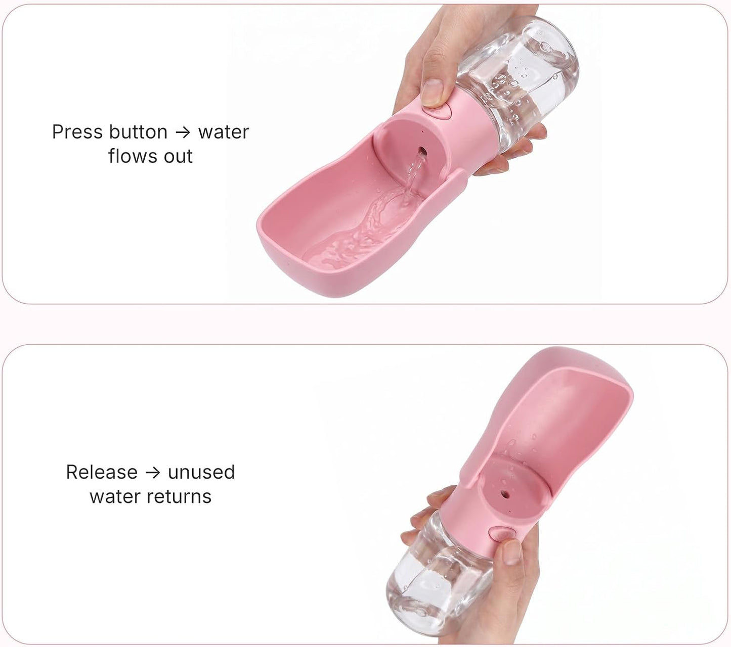 Foldable Dog Water Bottle, Leak Proof Portable Pet Water Dispenser for Dogs and Cats, One-Hand Travel Water Bottle for Walking Hiking Outdoor Use (350ml, Pink)