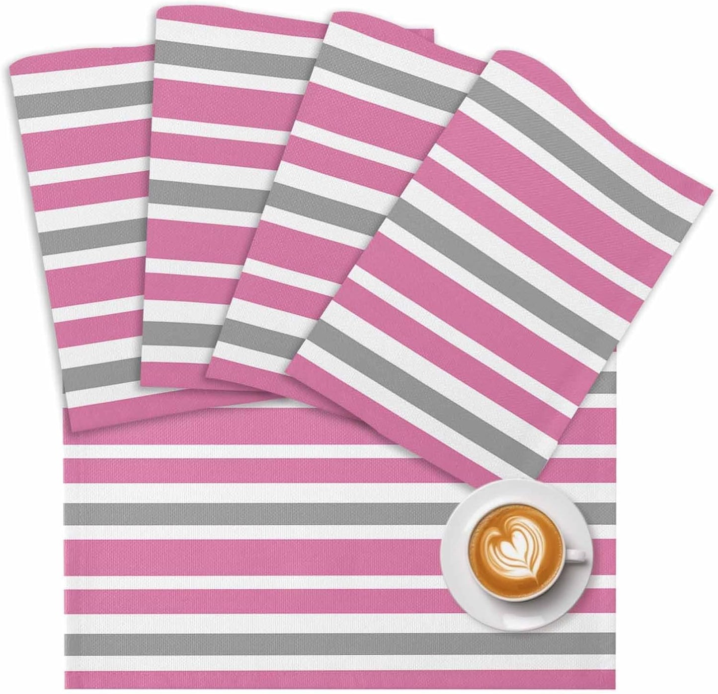 Pink Grey and White Stripes Placemat Set of 6 Non-Slip Placemats for Dining Table Farmhouse Stripe Washable Table Mats, Heat Resistant Kitchen Table Mats for Party, Dining Room & Home Decor