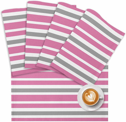 Pink Grey and White Stripes Placemat Set of 6 Non-Slip Placemats for Dining Table Farmhouse Stripe Washable Table Mats, Heat Resistant Kitchen Table Mats for Party, Dining Room & Home Decor