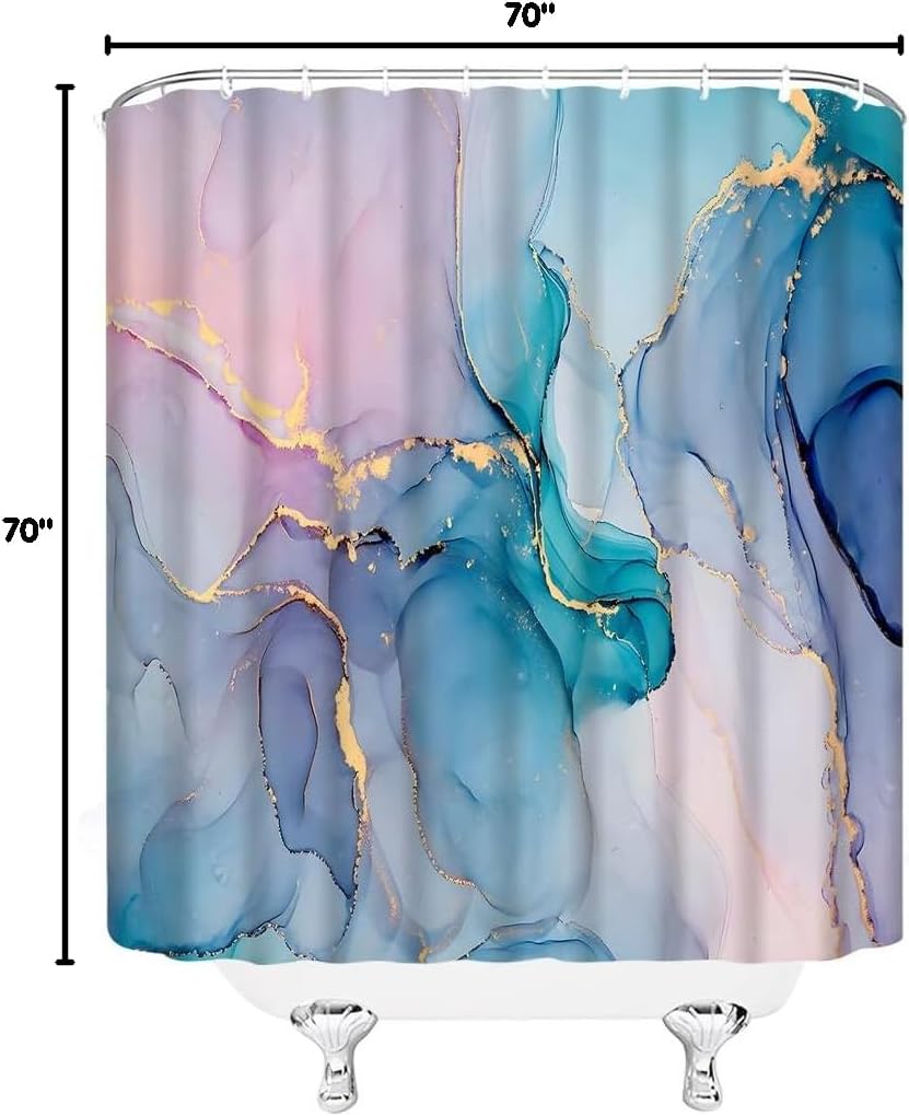 Teal Pink Marble Shower Curtain Modern Abstract Blue Marble Texture Gold Stripes Elegant Luxury Fabric Decor Bathroom Curtain Set with Hooks