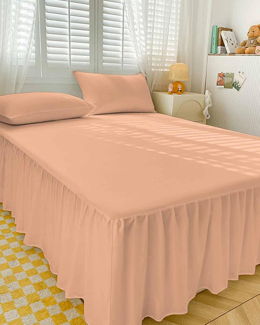 Ruffle Bed Skirt Queen, Peach Pink Watercolor 2 Piece Bedding Cover with Pillow Sham,18In Drop Bedskirt Coverlet Bedroom Dorm Decor Solid Color Elastic Wrap Around Bed Skirt Pillowcases Set