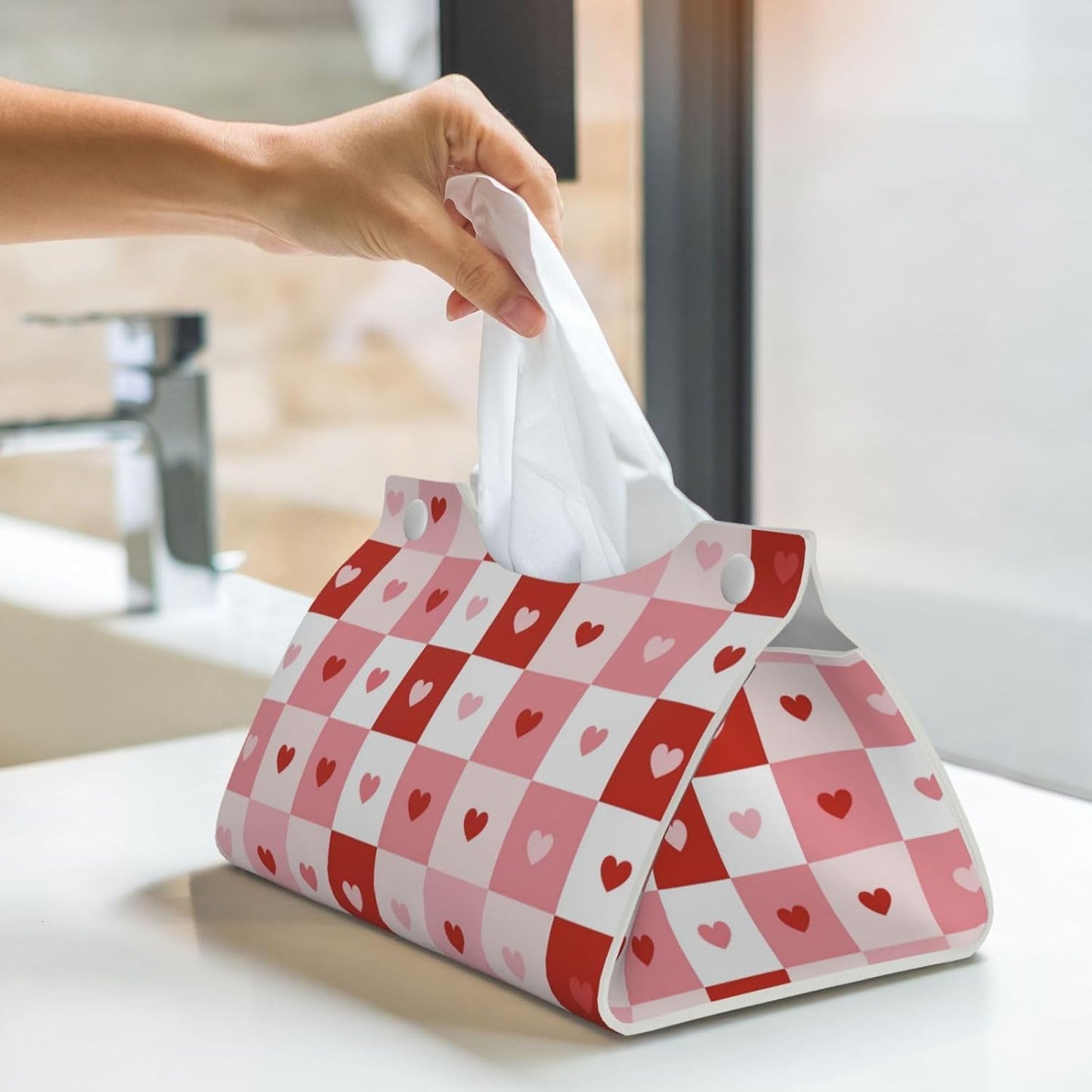 Checkerboard Valentine Squares Pink Hearts Tissue Box Cover Rectangle Pu Leather Tissue Box Holder for Car Bathroom Bedroom Desk Tabletop Decor
