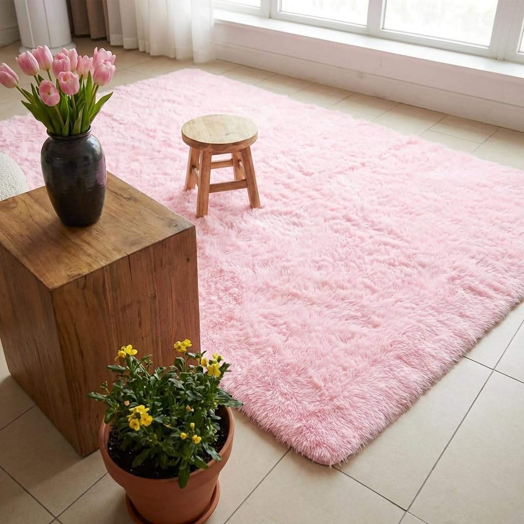 Mugorn Pink Fluffy Soft Rugs for Girls Bedroom, 2x3 Ft Small Shaggy Area Rugs for Kids Playroom, Cute Plush Carpet for Living Room, Aesthetic Carpet for Nursery, Bedside, Indoor (2ft x 3ft, Pink)