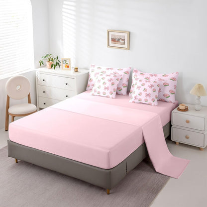 Erosebridal Bowknot 7 Piece Bedding Set Twin Peach Comforter Set with Sheets Cute Cartoon Peaches Kawaii Pink Bow Bed in a Bag Fruit Princess Ribbon Bowtie for Kids Boys Girls