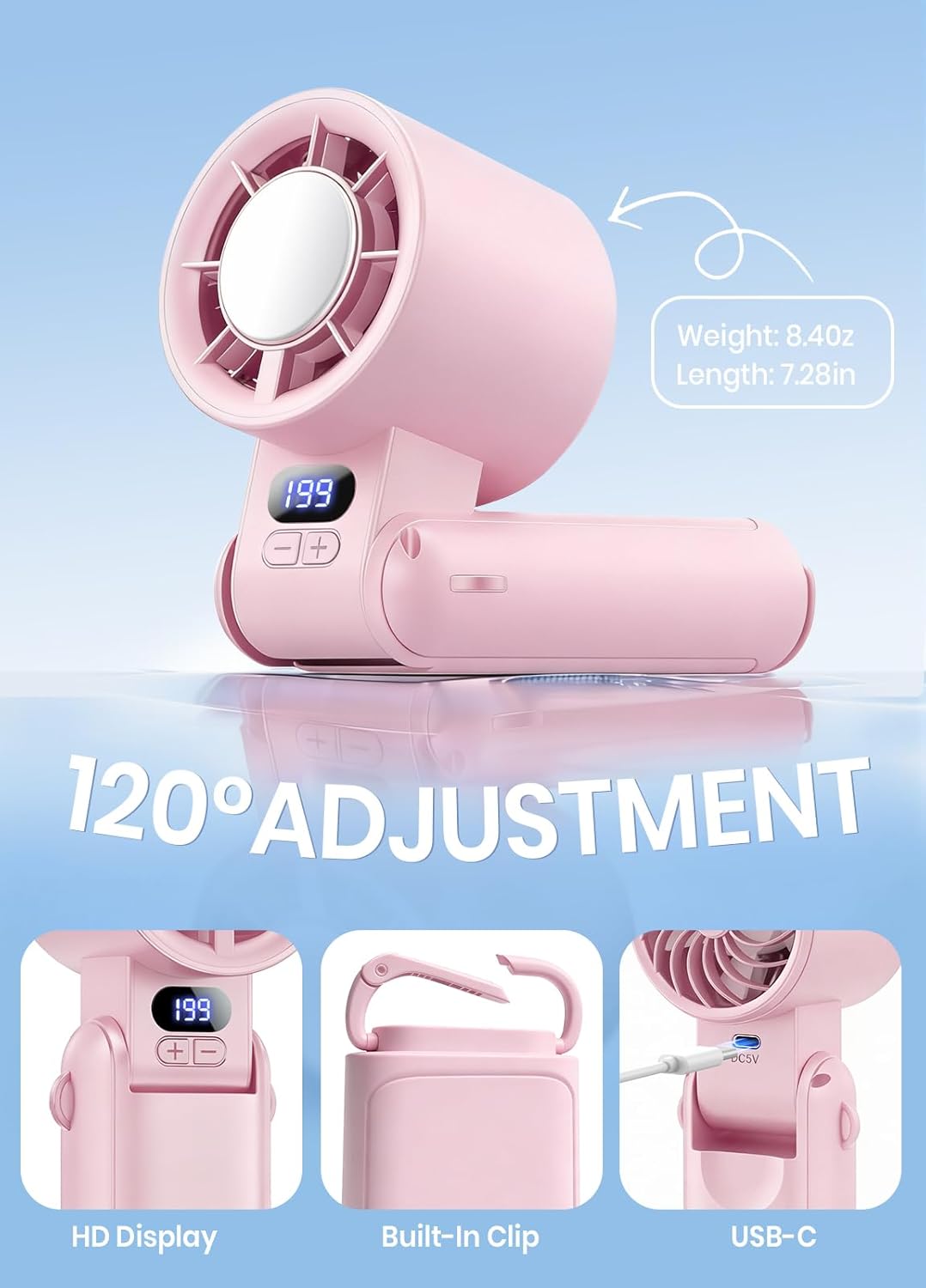 Portable Handheld Turbo Fan, 1-199 Speed Adjustable with LED Display, High-Power Motor, Rechargeable Battery, 4 IN 1 Pocket Design Mini Fans for Indoor/Outdoor/Travel/Work, Pink