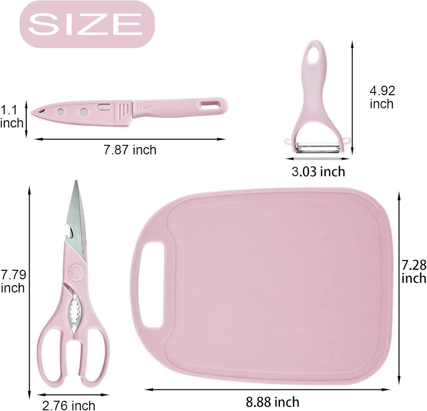Magicorange Travel Cutting Board Set, 4 Pcs Portable Mini Camping Plastic Cutting Board Set & Stainless Steel Knife with Sheath, Fruits & Vegetable Peeler Scissors (Pink)