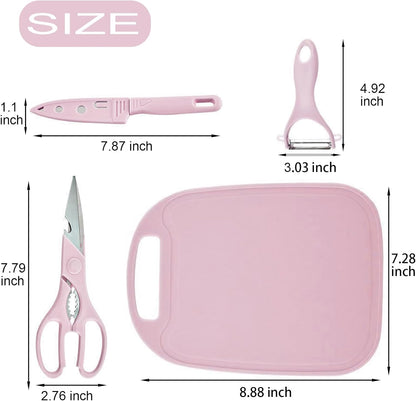 Magicorange Travel Cutting Board Set, 4 Pcs Portable Mini Camping Plastic Cutting Board Set & Stainless Steel Knife with Sheath, Fruits & Vegetable Peeler Scissors (Pink)