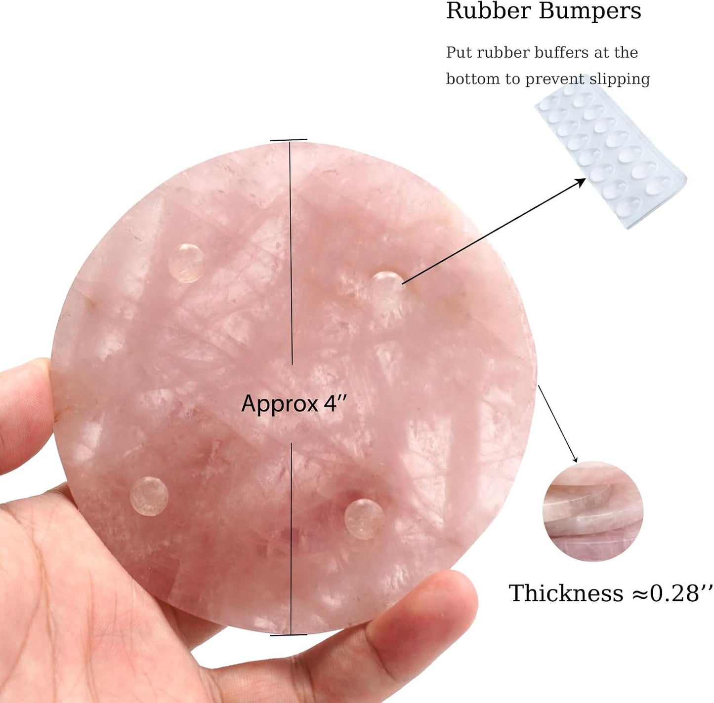 Rose Quartz Coasters Round Set of 4 - Natural Pink Crystal Stone Drink Coasters 4" with Rubber Bumpers for Home Decor, Wedding Gift, Vanity Tray