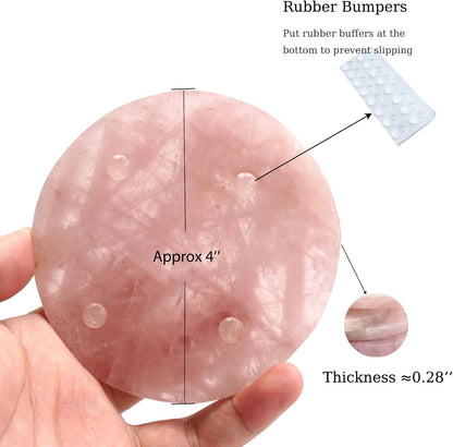 Rose Quartz Coasters Round Set of 4 - Natural Pink Crystal Stone Drink Coasters 4" with Rubber Bumpers for Home Decor, Wedding Gift, Vanity Tray