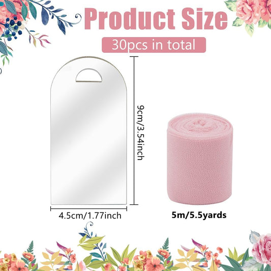 ORIGACH 30 Pcs Mirror Silver Acrylic Place Cards 3.54x1.77inch, DIY Blank Hanging Tags with Pink Ribbons for Wedding Birthday Party Anniversary Events Table Decor