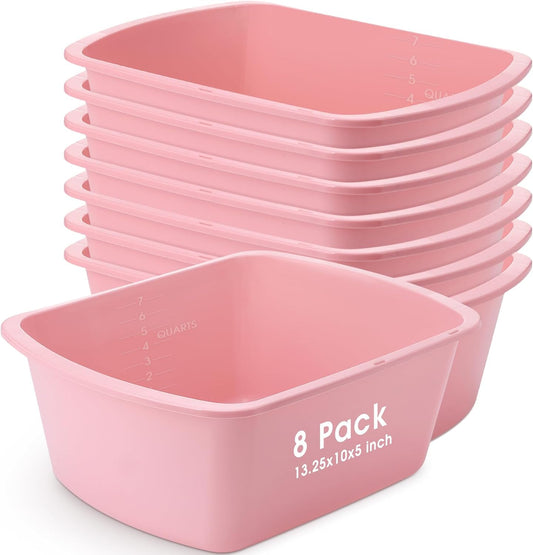 Honeydak 8 Pack Wash Basins Plastic Wash Tub Pink 7 Quart Graduated Buckets Rectangular Plastic Hospital Bedside Soaking Tub Washing Basin for Cleaning Foot Bath Washing Dishes Face Cleansing