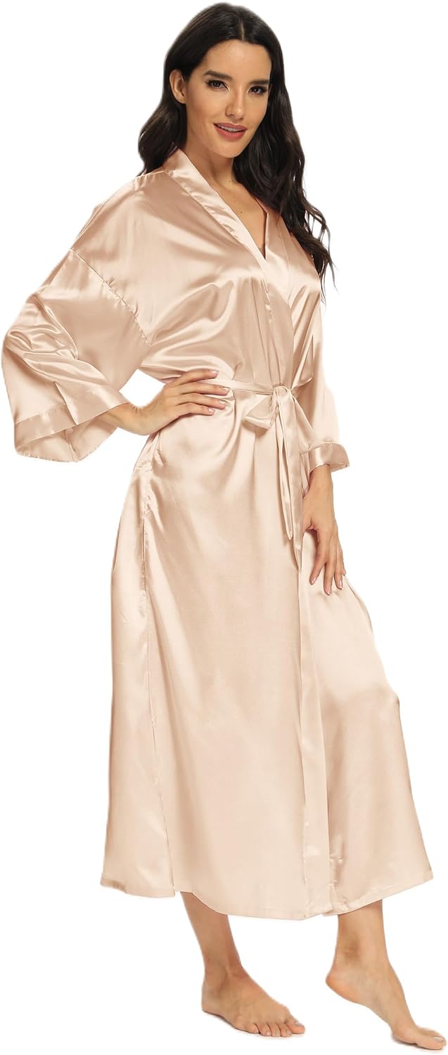 Women's Long Silk Robes Lightweight Long Satin Robes Full Length Sleepwear Dressing Gown