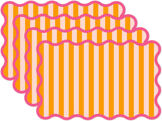 JarThenaAMCS 60 Pcs Stripe Scalloped Paper Placemats Table Mats 11 x 17 Inch Orange Pink Striped Disposable Decorative Rectangle Place Mats for Wedding Birthday Baby Shower Party Dining Table Decor