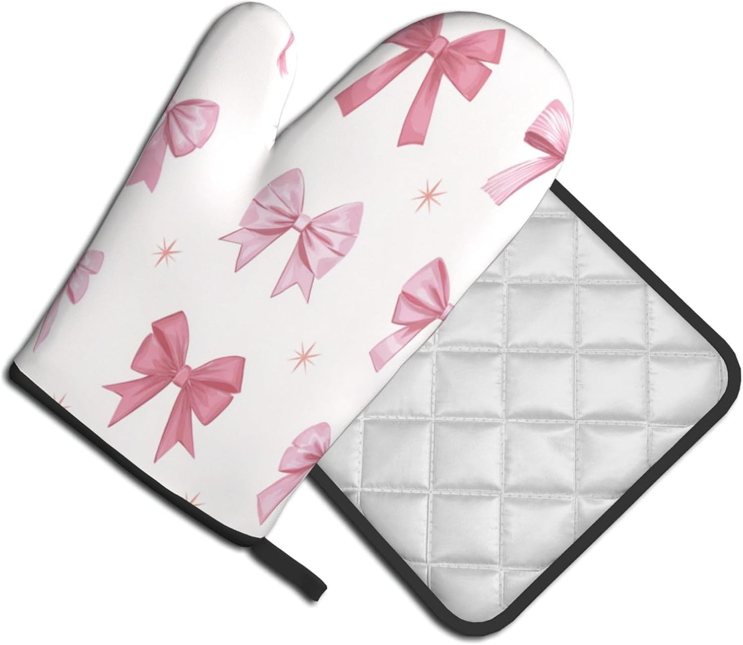 Nine Light Pink Bows Oven Mitts and Pot Holders Sets,Heat Resistant Potholder Kitchen Decor for Cooking Baking BBQ, Oven Glove Set