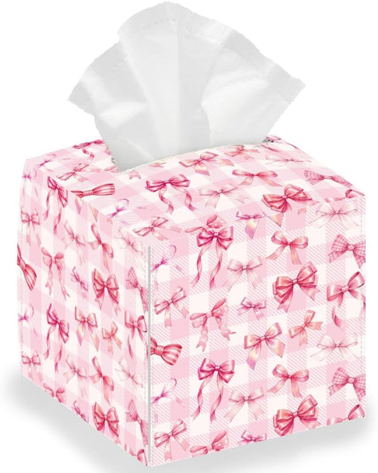 Pink Bow Tissue Box Holder Leather Square Foldable Facial Paper Decorative Tissue Box Cover Paper Towel Case Container Organizer for Tabletop Bathroom Nightstands Home Kitchen Car Office