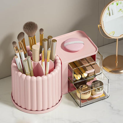 360 Rotating Makeup Organizer Countertop with 2 Drawers, Makeup Brush Holder, Small Preppy Organizer, 9.25x5.11 Inch, Pink