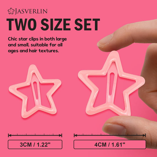 JASVERLIN 36 Pcs Star Snap Hair Clips, Y2k Colorful Cute Barrettes for Women Girls, Thick Fine Non-Slip Hairclips Accessories Glitter Kawaii Rave Assorted Size Style (Pink)
