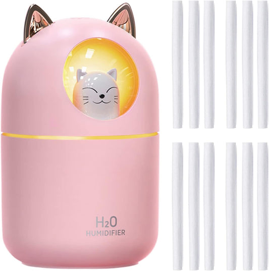Small Humidifier Cute Portable Cool Mist with 12 Pcs Humidifier Sticks 7 Color Night Light USB Air for Bedroom Office Desk Car Travel (Pink+12 Filter Cotton Sticks)