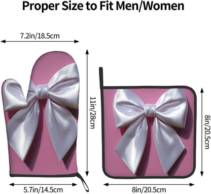 White Satin Bow On Light Pink Oven Mitts and Pot Holders Sets,Heat Resistant Potholder Kitchen Decor for Cooking Baking BBQ, Oven Glove Set