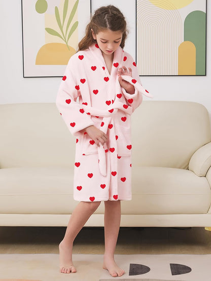 Umeyda Girls Robe, Shawl Collar Fuzzy Fleece Bathrobes with Belt and Pockets for Kids Boys, 2-15 Years