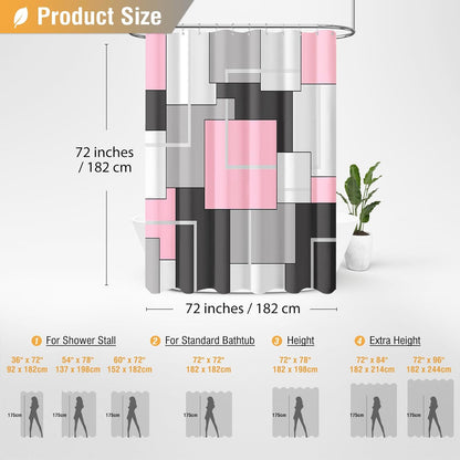 BTTN Pink Fabric Shower Curtain Set, Modern Geometric Neutral, Weighted Hem, Water Repellent, White Black Grey Decorative Polyester, 72x72
