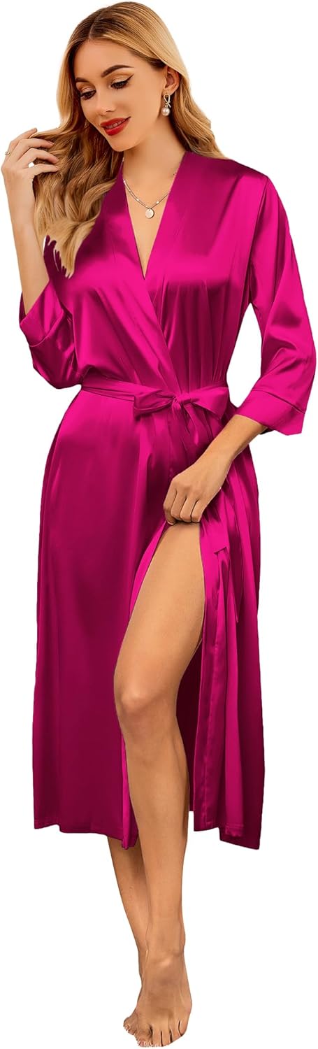 Ekouaer Silk Robes for Women Long Satin Bride Bridesmaid Wedding Party Robes Lightweight Sexy Sleepwear with Pockets